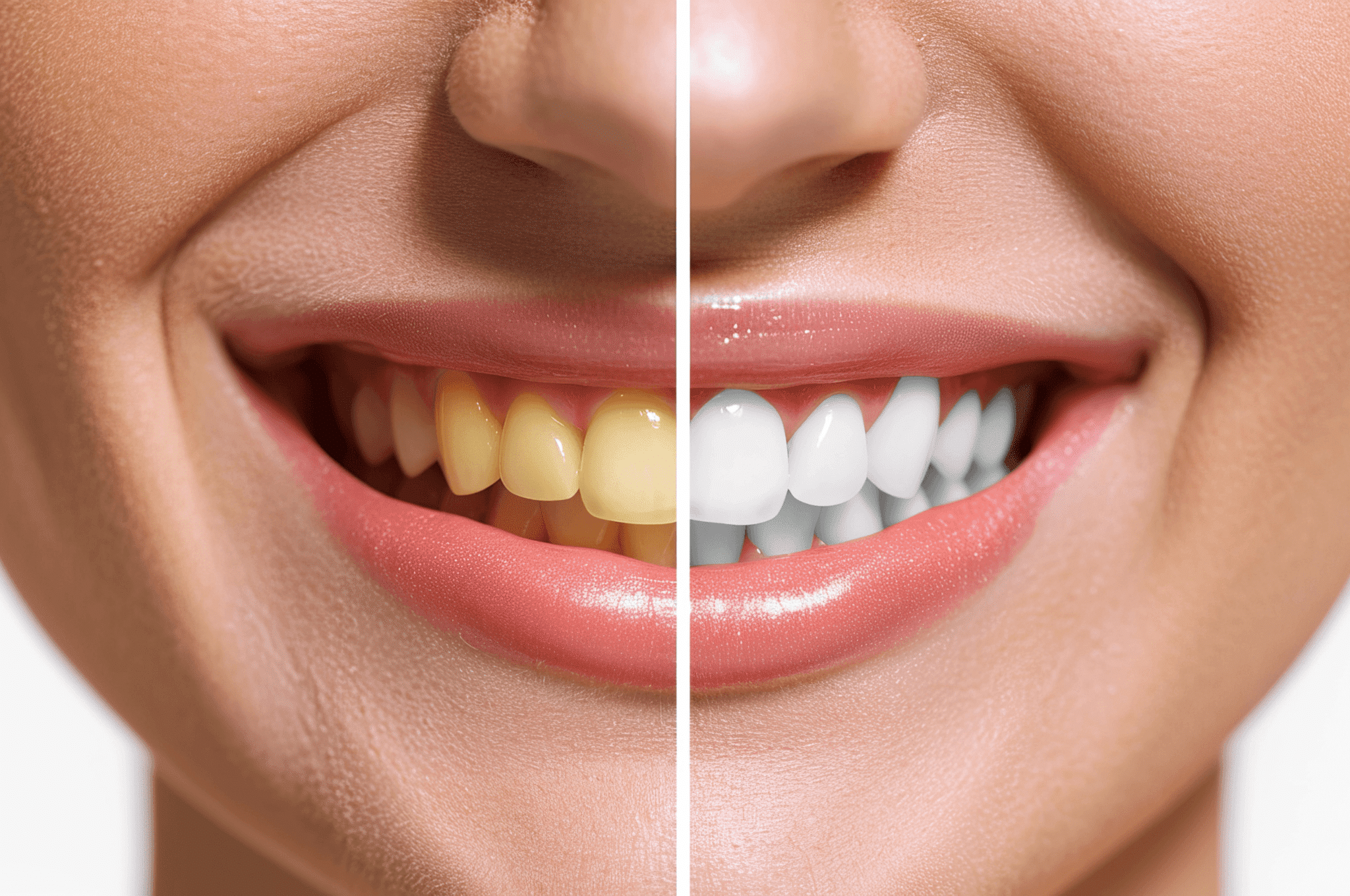 Close-up of a smiling woman with half yellow, half white teeth