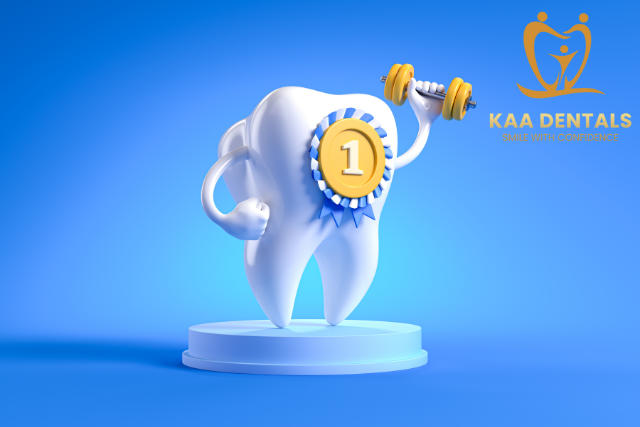 Tooth character with a gold medal and dumbbell celebrating KAA Dentals’ recognition at the Private Dentistry Awards 2025 in South Wales.