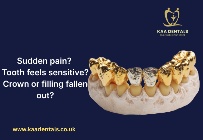 Lost filling or crown emergency dental care in Tredegar with KA A Dentals banner showing dental crown image